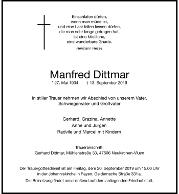 Traueranzeige von Manfred Dittmar von Rheinische Post