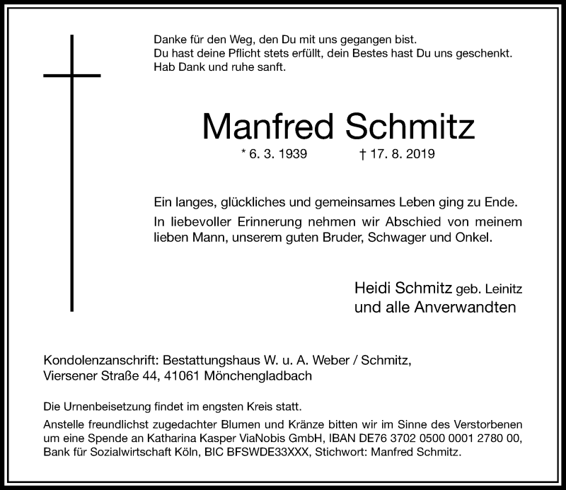  Traueranzeige für Manfred Schmitz vom 07.09.2019 aus Rheinische Post