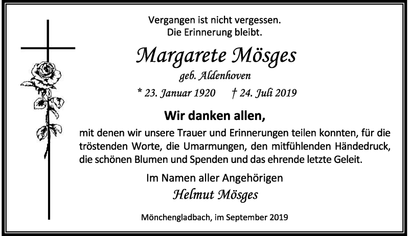  Traueranzeige für Margarete Mösges vom 07.09.2019 aus Rheinische Post