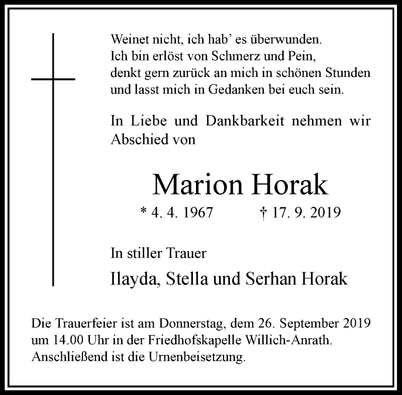  Traueranzeige für Marion Horak vom 21.09.2019 aus Rheinische Post