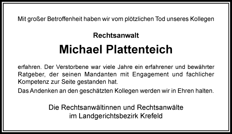  Traueranzeige für Michael Plattenteich vom 18.09.2019 aus Rheinische Post