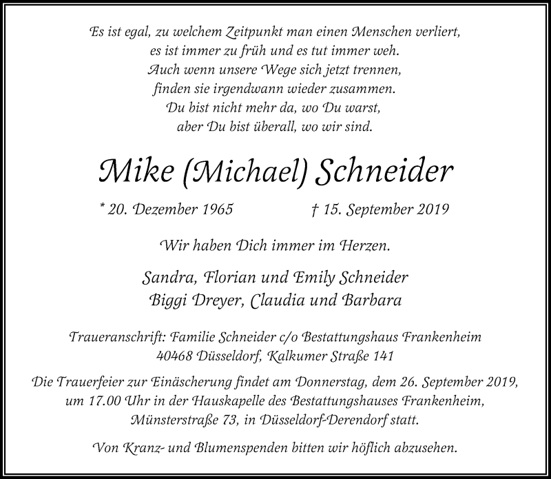  Traueranzeige für Michael Schneider vom 21.09.2019 aus Rheinische Post