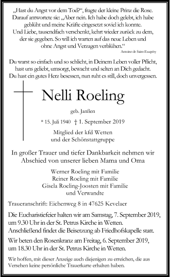 Traueranzeige von Nelli Roeling von Rheinische Post