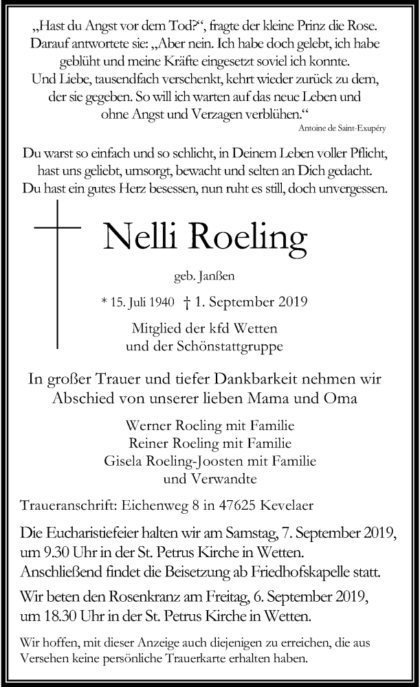  Traueranzeige für Nelli Roeling vom 03.09.2019 aus Rheinische Post