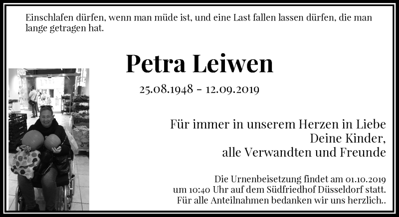  Traueranzeige für Petra Leiwen vom 21.09.2019 aus Rheinische Post