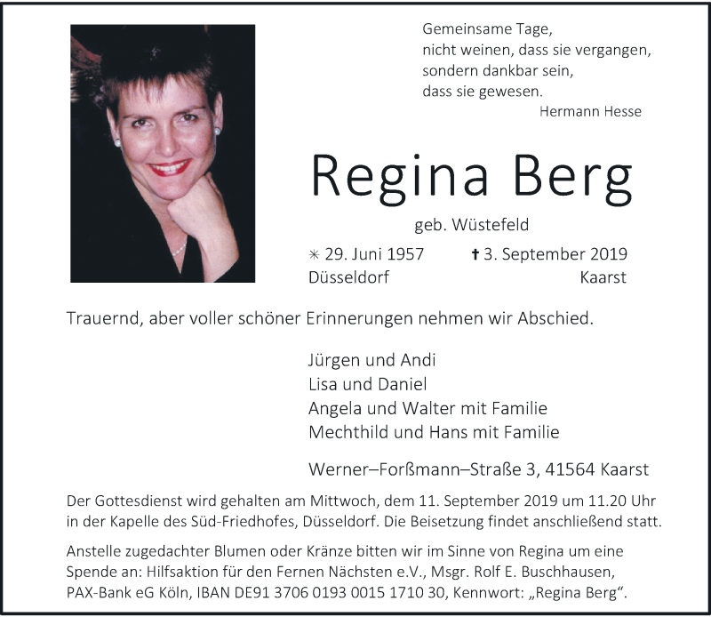  Traueranzeige für Regina Berg vom 07.09.2019 aus Rheinische Post