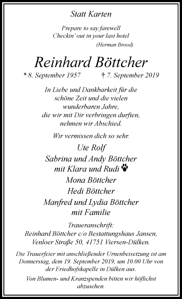  Traueranzeige für Reinhard Böttcher vom 14.09.2019 aus Rheinische Post