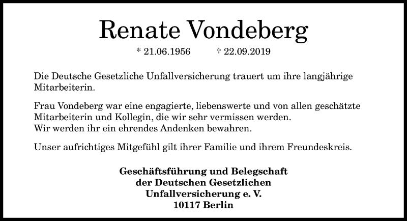  Traueranzeige für Renate Vondeberg vom 28.09.2019 aus Rheinische Post