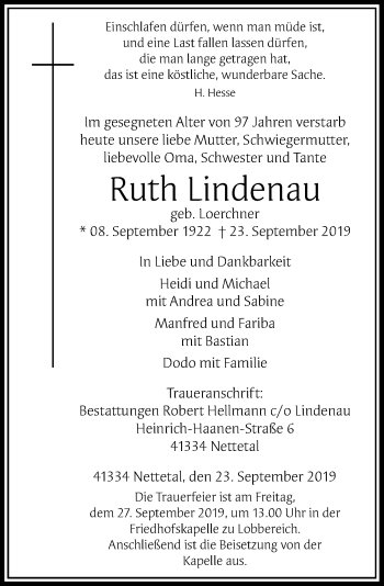 Traueranzeige von Ruth Lindenau von Rheinische Post
