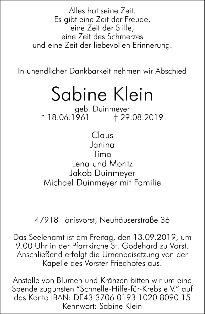  Traueranzeige für Sabine Klein vom 07.09.2019 aus Rheinische Post
