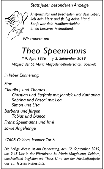 Traueranzeige von Theo Speemanns von Rheinische Post