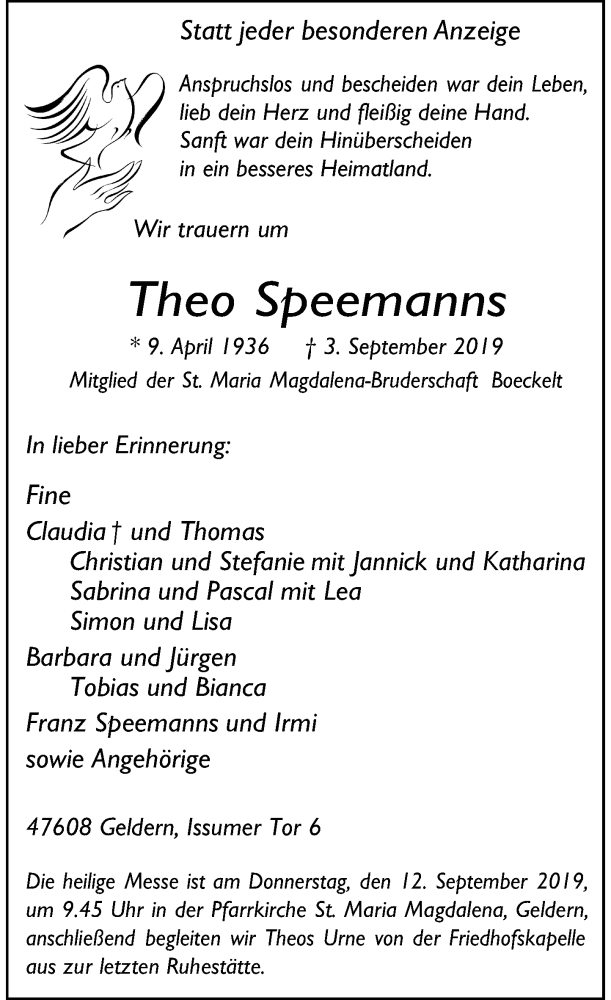  Traueranzeige für Theo Speemanns vom 09.09.2019 aus Rheinische Post