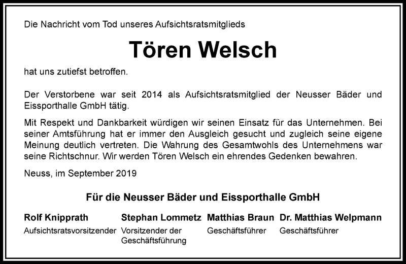  Traueranzeige für Tören Welsch vom 25.09.2019 aus Rheinische Post