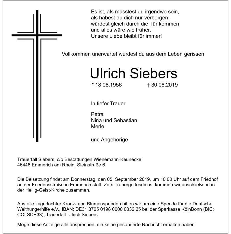  Traueranzeige für Ulrich Siebers vom 03.09.2019 aus Rheinische Post