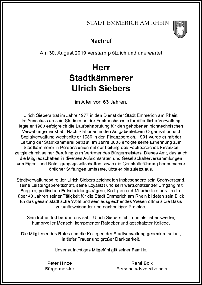  Traueranzeige für Ulrich Siebers vom 05.09.2019 aus Rheinische Post