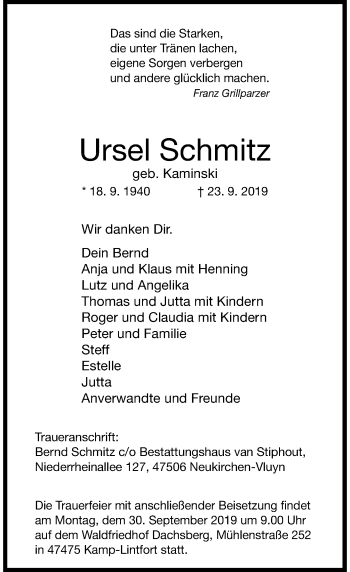Traueranzeige von Ursel Schmitz von Rheinische Post