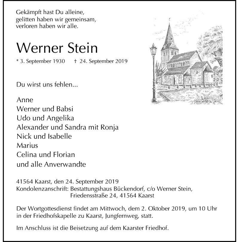  Traueranzeige für Werner Stein vom 28.09.2019 aus Rheinische Post