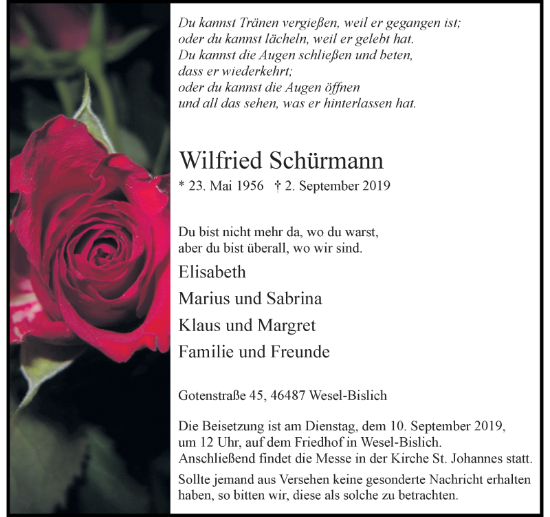  Traueranzeige für Wilfried Schürmann vom 04.09.2019 aus Rheinische Post