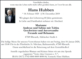 Traueranzeige von Hans Hubben von Rheinische Post