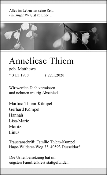 Traueranzeige von Anneliese Thiem von Rheinische Post