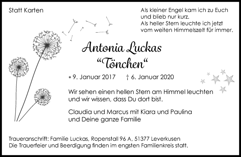  Traueranzeige für Antonia Luckas vom 15.01.2020 aus Rheinische Post