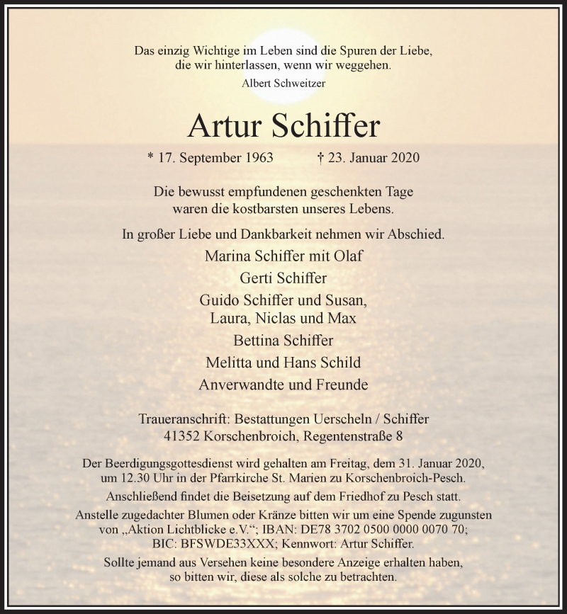  Traueranzeige für Artur Schiffer vom 29.01.2020 aus Rheinische Post