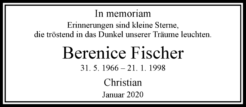  Traueranzeige für Berenice Fischer vom 21.01.2020 aus Rheinische Post