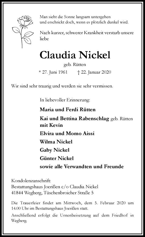  Traueranzeige für Claudia Nickel vom 01.02.2020 aus Rheinische Post