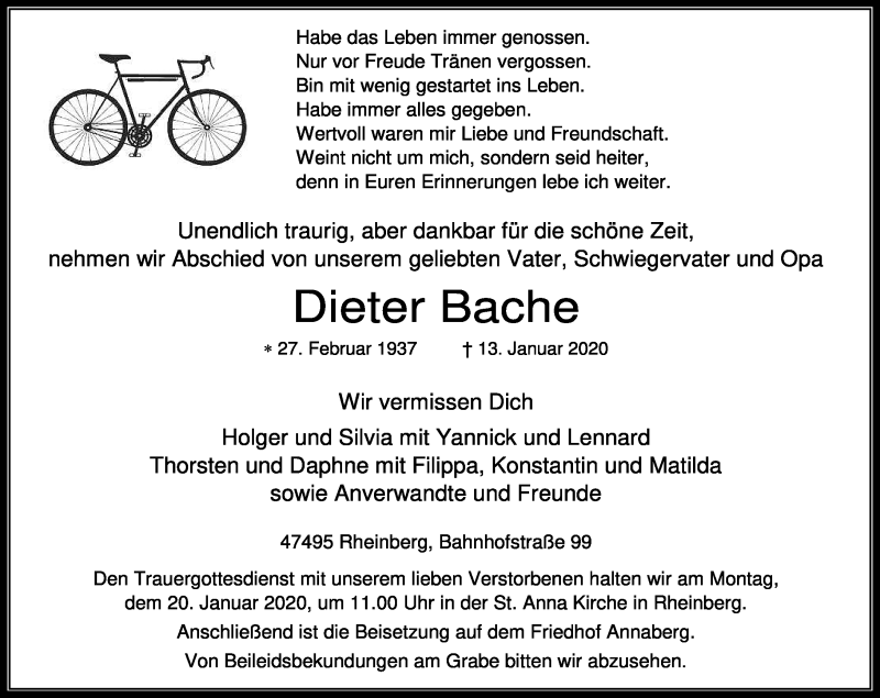  Traueranzeige für Dieter Bache vom 16.01.2020 aus Rheinische Post