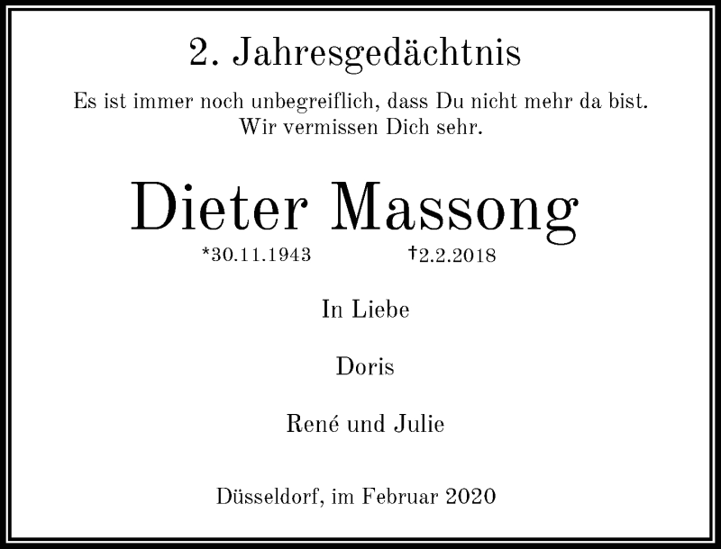  Traueranzeige für Dieter Massong vom 01.02.2020 aus Rheinische Post