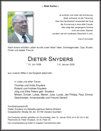Traueranzeige von Dieter Snyders von Rheinische Post