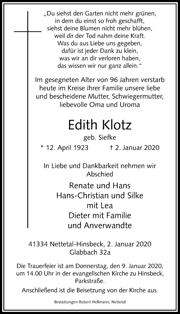  Traueranzeige für Edith Klotz vom 04.01.2020 aus Rheinische Post