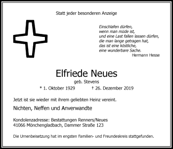 Traueranzeige von Elfriede Neues von Rheinische Post