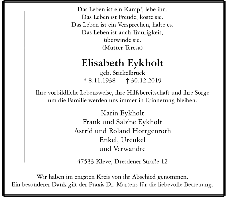  Traueranzeige für Elisabeth Eykholt vom 18.01.2020 aus Rheinische Post