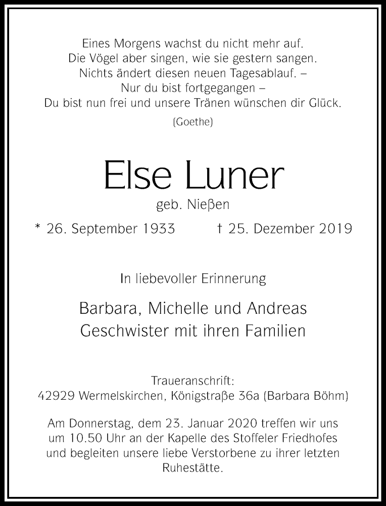  Traueranzeige für Else Luner vom 18.01.2020 aus Rheinische Post