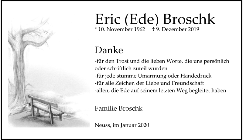  Traueranzeige für Eric  Broschk vom 25.01.2020 aus Rheinische Post