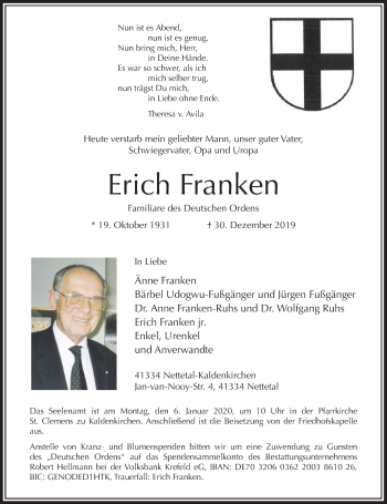 Traueranzeige von Erich Franken von Rheinische Post