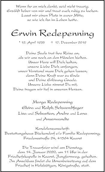 Traueranzeige von Erwin Redepenning von Rheinische Post