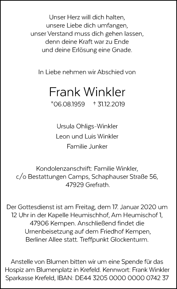  Traueranzeige für Frank Winkler vom 11.01.2020 aus Rheinische Post