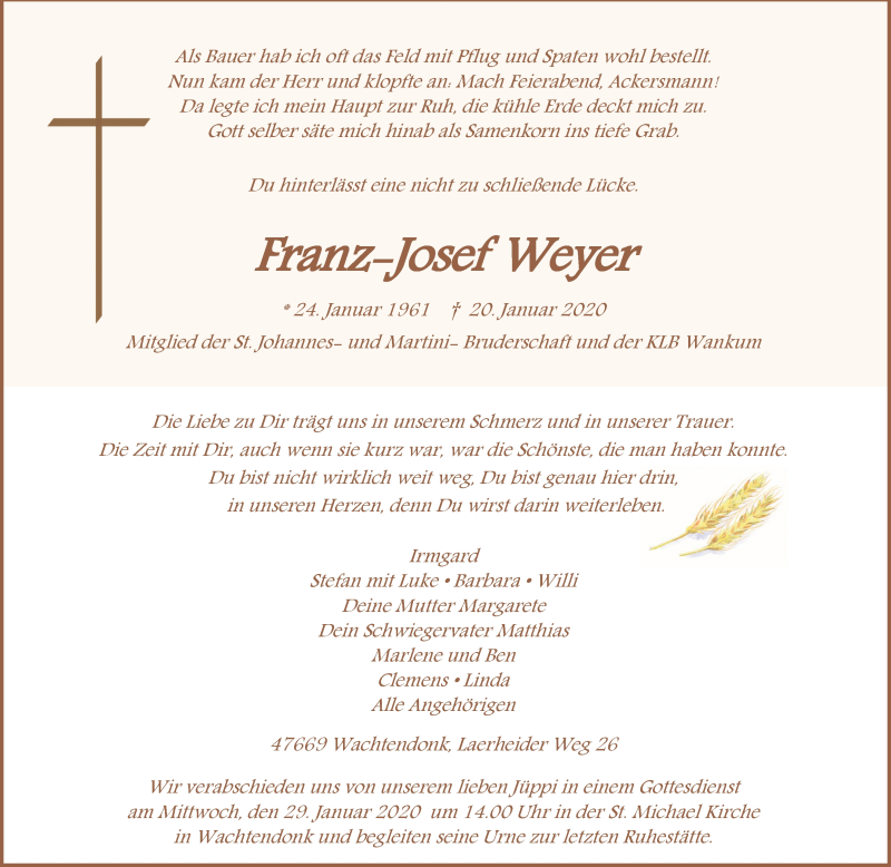  Traueranzeige für Franz-Josef Weyer vom 25.01.2020 aus Rheinische Post