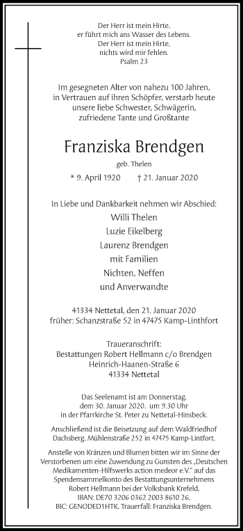 Traueranzeige von Franziska Brendgen von Rheinische Post