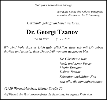 Traueranzeige von Georgi Tzanov von Rheinische Post