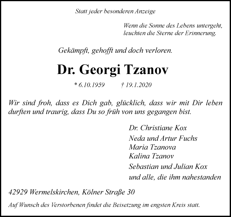  Traueranzeige für Georgi Tzanov vom 23.01.2020 aus Rheinische Post