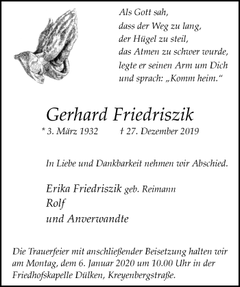 Traueranzeige von Gerhard Friedriszik von Rheinische Post