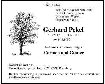Traueranzeige von Gerhard Pekel von Rheinische Post