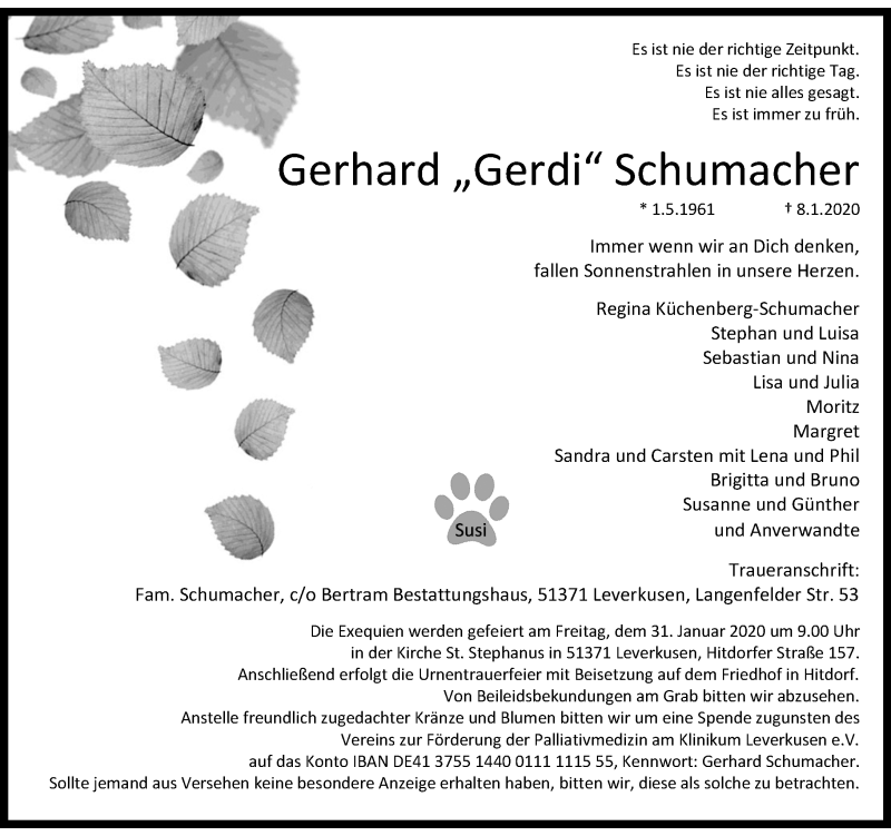  Traueranzeige für Gerhard  Schumacher vom 18.01.2020 aus Rheinische Post