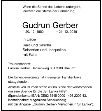 Traueranzeige von Gudrun Gerber von Rheinische Post