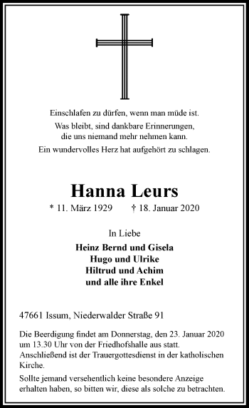 Traueranzeige von Hanna Leurs von Rheinische Post