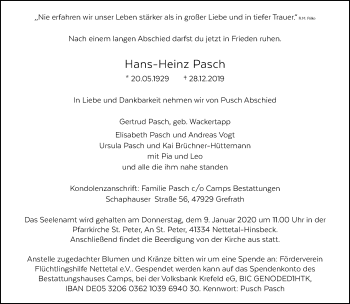 Traueranzeige von Hans-Heinz Pasch von Rheinische Post