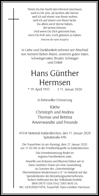 Traueranzeige von Hans Günther Hermsen von Rheinische Post